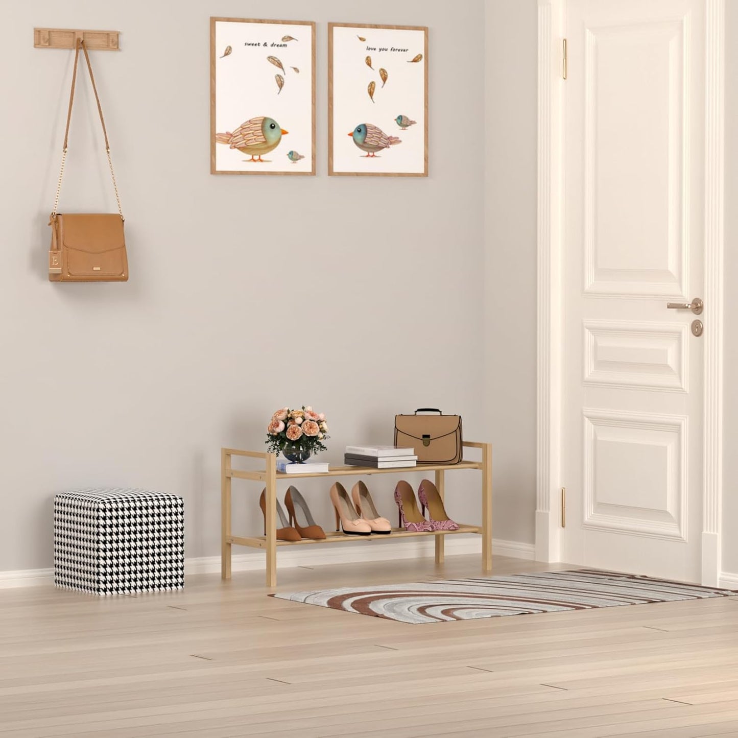 Haddockway Bamboo Shoe Rack for Closet, Free Standing Shoe Organizer with Smooth Round Rods & Convenient Handles, Stackable Shoe Storage Shelf for Entryway, Hallway(Natural, 2-Tier)