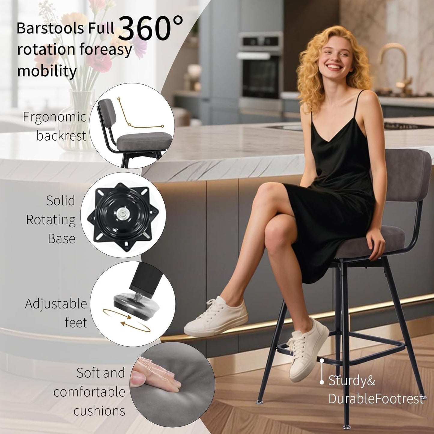 Swivel Counter Height Bar Stools Set of 2, Faux Leather Bar Stools with Back, Metal Legs and Footrest, 26" Seat Height Barstools for Kitchen Islands and Home Bars, Easy Assembly, Grey&Black