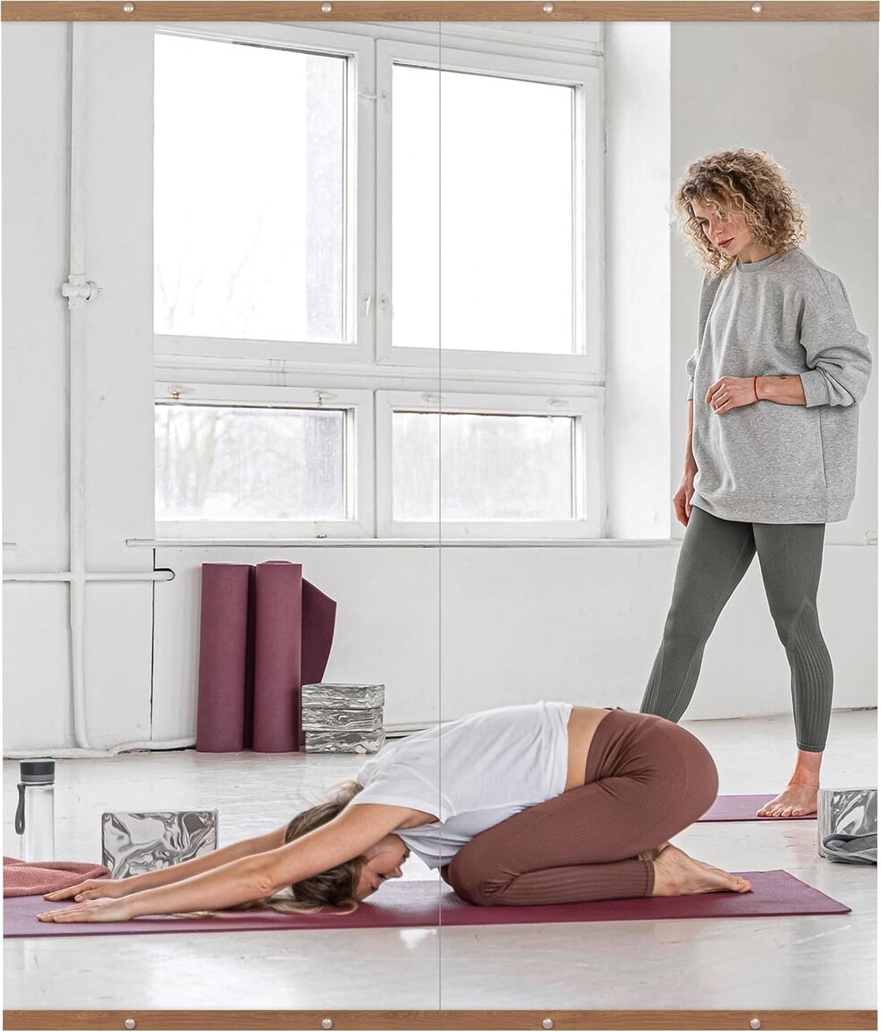 Hasipu 2Pcs 63''x28'' Home Gym Mirror Large Full Length Wall Mounted Full Body Mirror for Yoga Dance Fitness Exercise Studio Bedroom Garage, Frameless Tempered Glass Workout Mirrors Walnut Rectangular