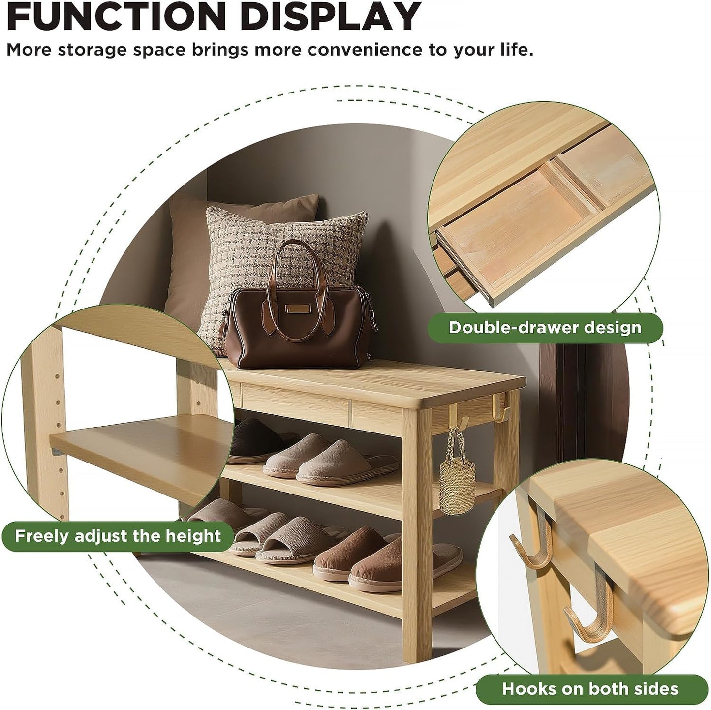 Wood Shoe Bench Entryway with Drawer: 2-Tiers Wooden Storage Shoe Rack with Bench Seat, Compact Mid-Century Modern Design for Entryway, Hallway,Closet,Front Door Entrance,Foyer Natural 43.3"