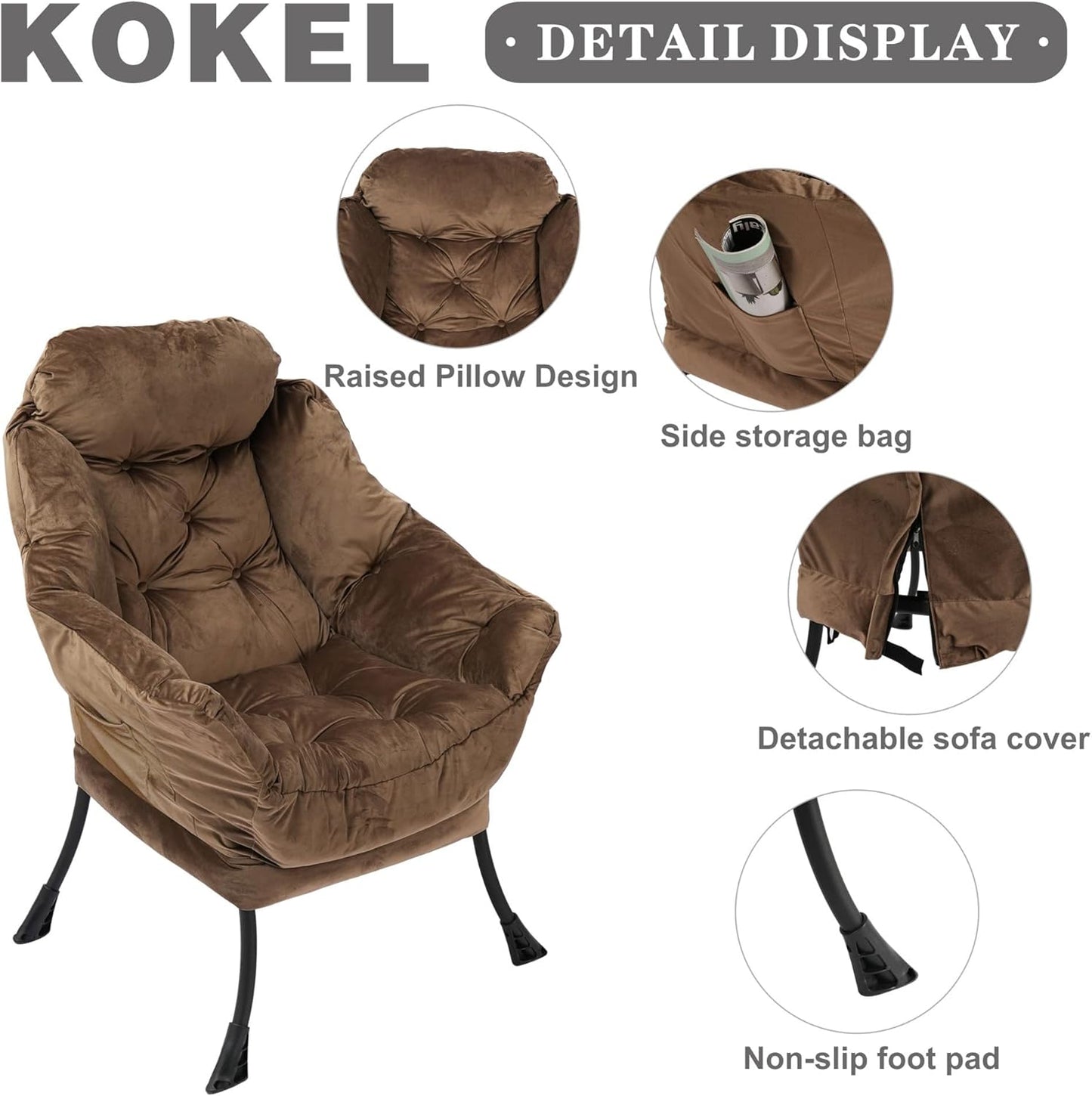 Lazy Chair with Folding Ottoman,Living Room Chairs, Accent Contemporary Lounge Chair, Single Steel Frame Leisure Sofa Chair with Armrests and A Side Pocket (Brown)