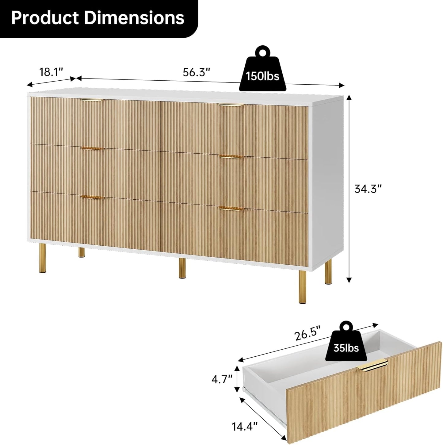 GarveeHome Dresser for Bedroom, Modern Chest of Drawers with Large Drawer, 6 Drawer Dresser with Gold Handles,Wood Storage Cabinet Organizer for Living Room, Hallway, Entryway, Natural