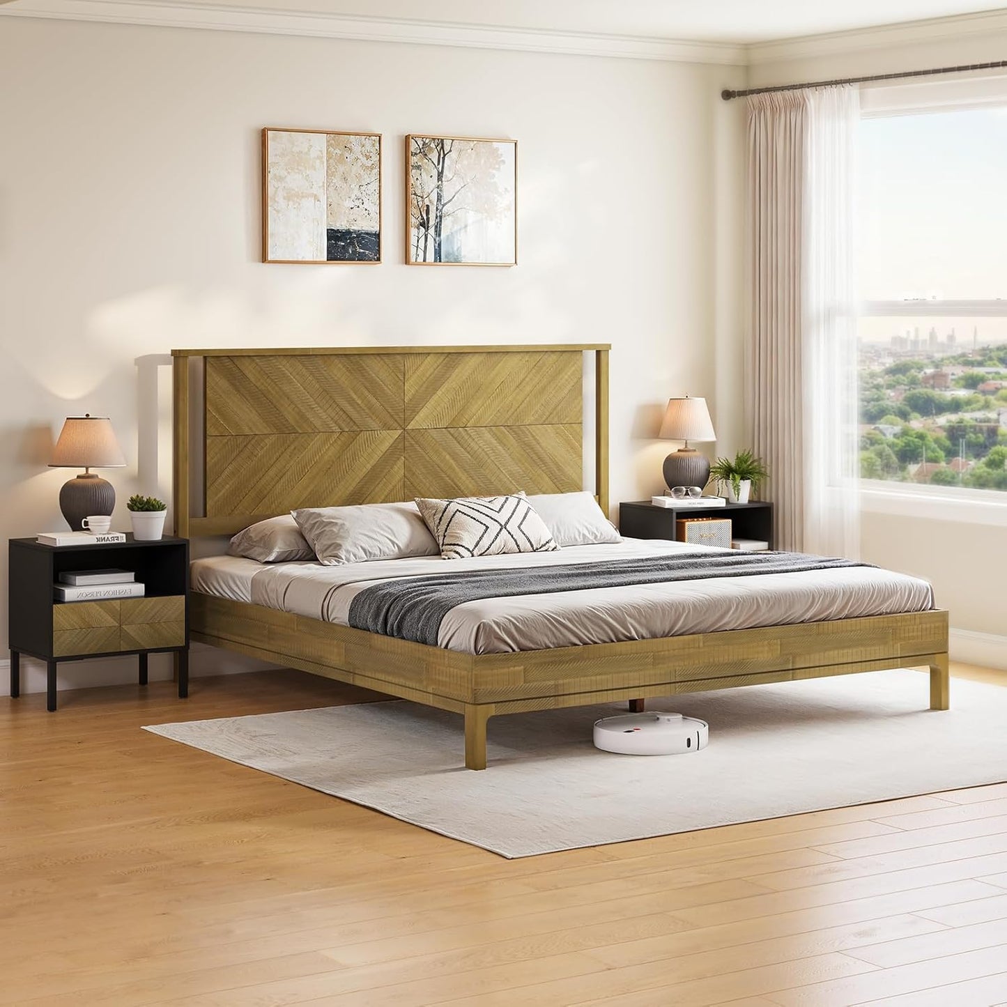 Bme Vivian 14 Inch Deluxe Bed Frame with Headboard, Rustic & Scandinavian Style with Solid Acacia Wood, No Box Spring Needed, 12 Strong Wood Slat Support, Easy Assembly, King, Rustic Seadrift