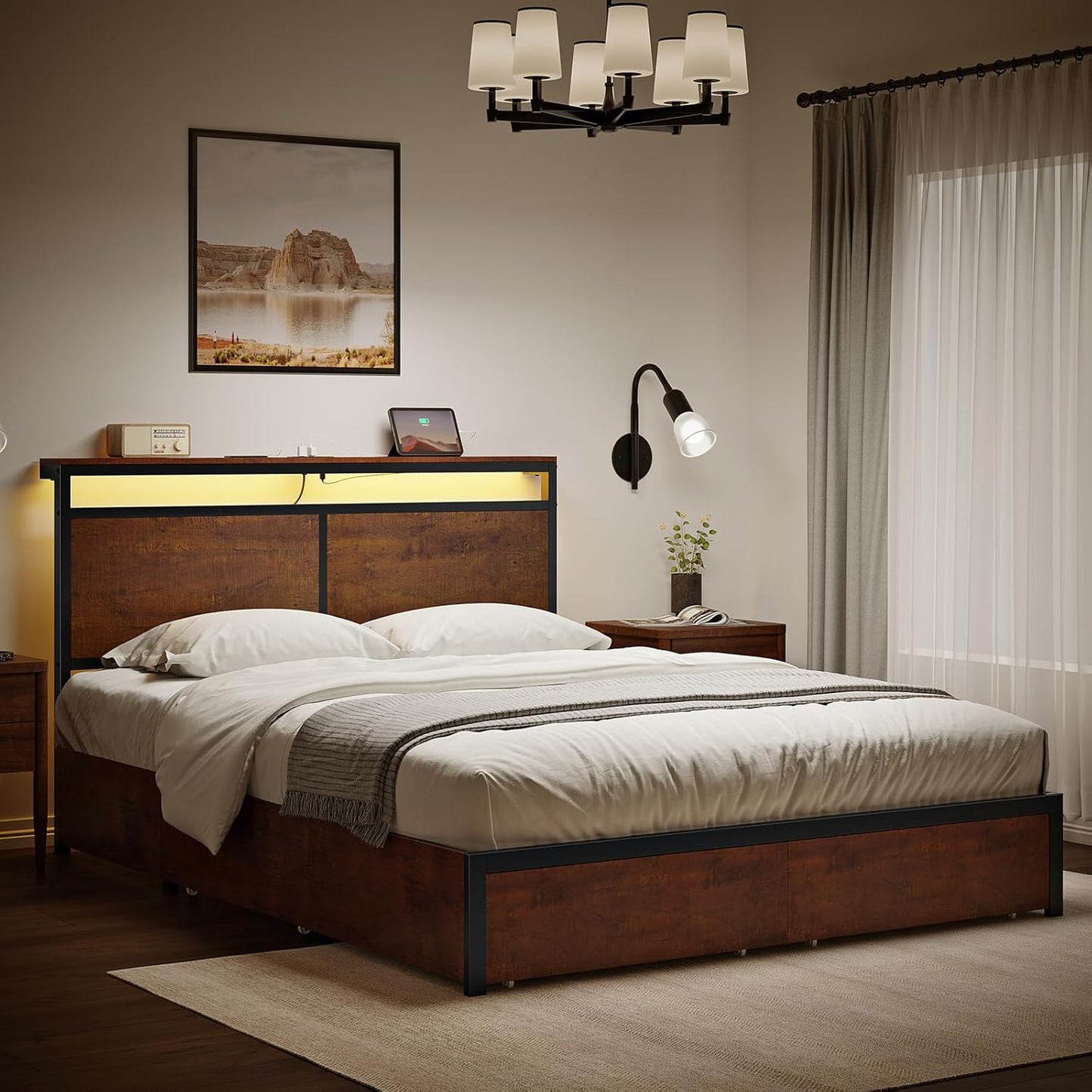 Full Bed Frame with Storage Headboard and 4 Drawers Bed Frame Full Size with Charging Station LED Lights Metal Platform Non-Slip Without Noise No Box Spring Needed