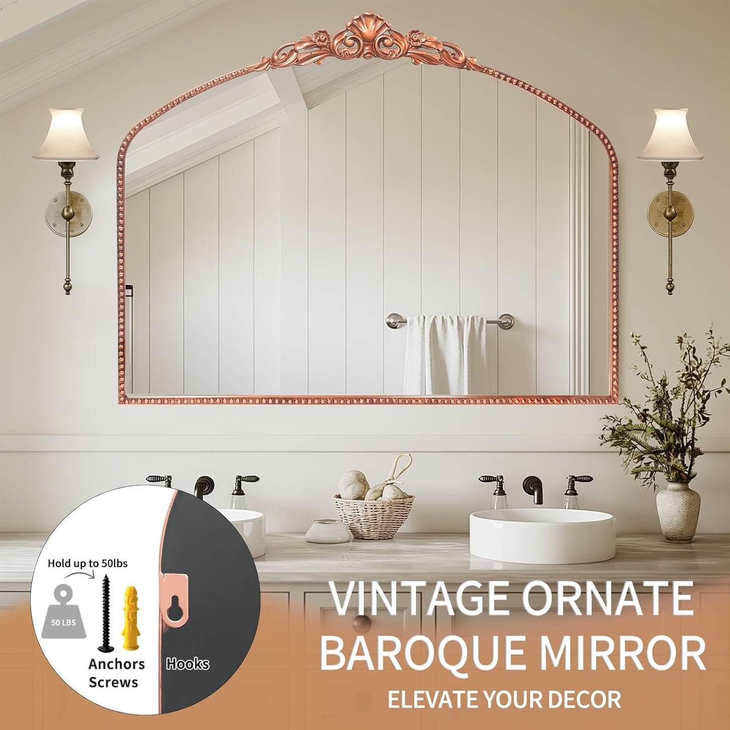 G-LEAF Vintage Baroque Mirror 40"X30",Victorian Antique Farmhouse Mirror for Fireplace Living Room