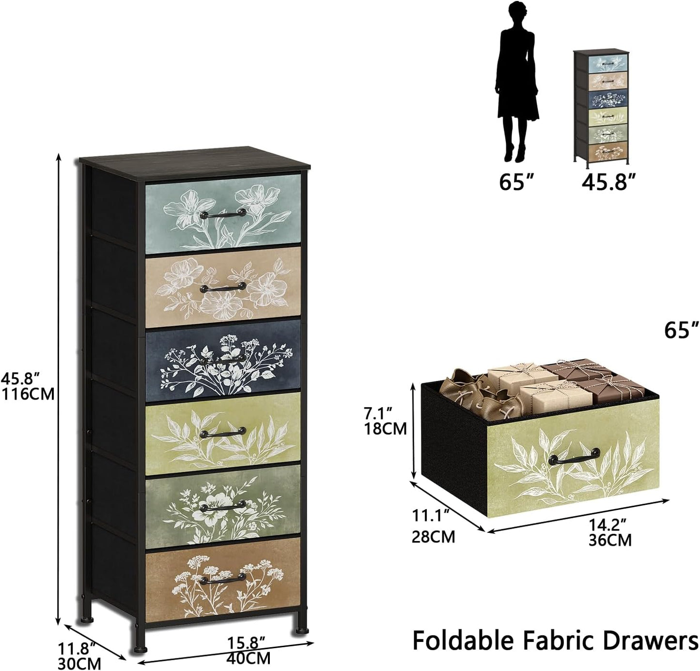 Tohomeor Vintage Dresser Vertical Nightstand with Neutral Botanical Plant Fabric Chest Drawers for Closet Bathroom Storage Tower Unit Bed Side Organizer Farmhouse Rustic (Multi, 6 Drawers)