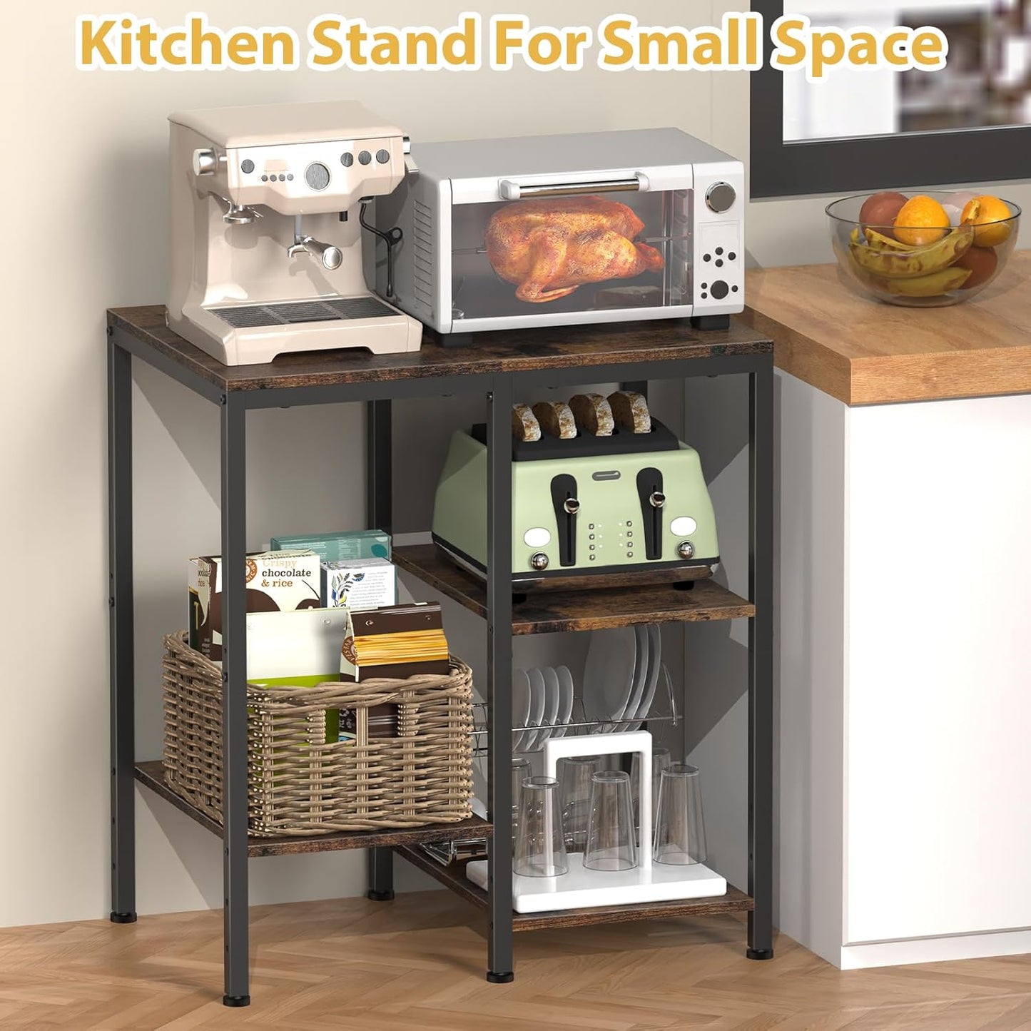 Kitchen Microwave Stand,4-Tier Adjustable Bakers Rack,Multi-Purpose Kitchen Storage Cart for Coffee Station,Space-Saving Metal Appliance Shelf for Living Room,Rustic Brown