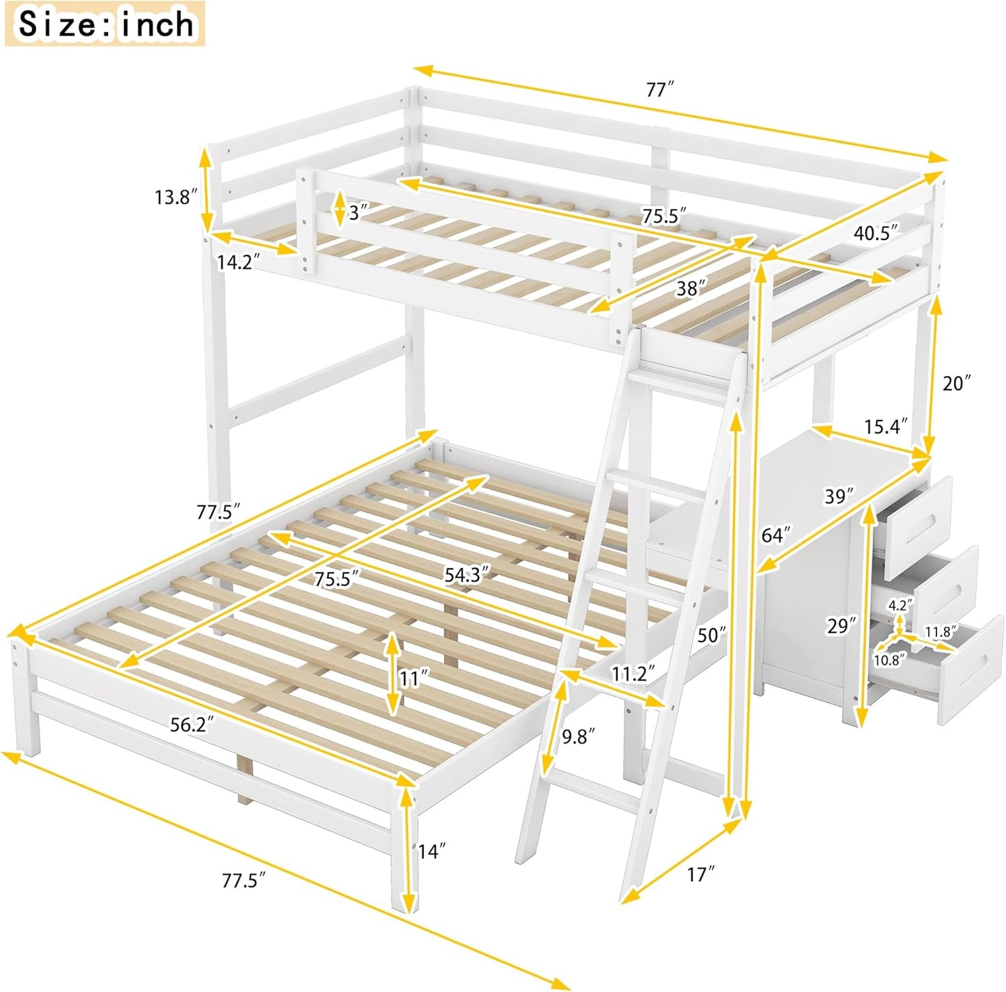 Twin Over Full Bunk Bed with Built-in Desk and Three Drawers,Pine Wood Convertible Twin Over Full L-Shaped Loft Bunk Bed Frame for Kids Teens Adults,White