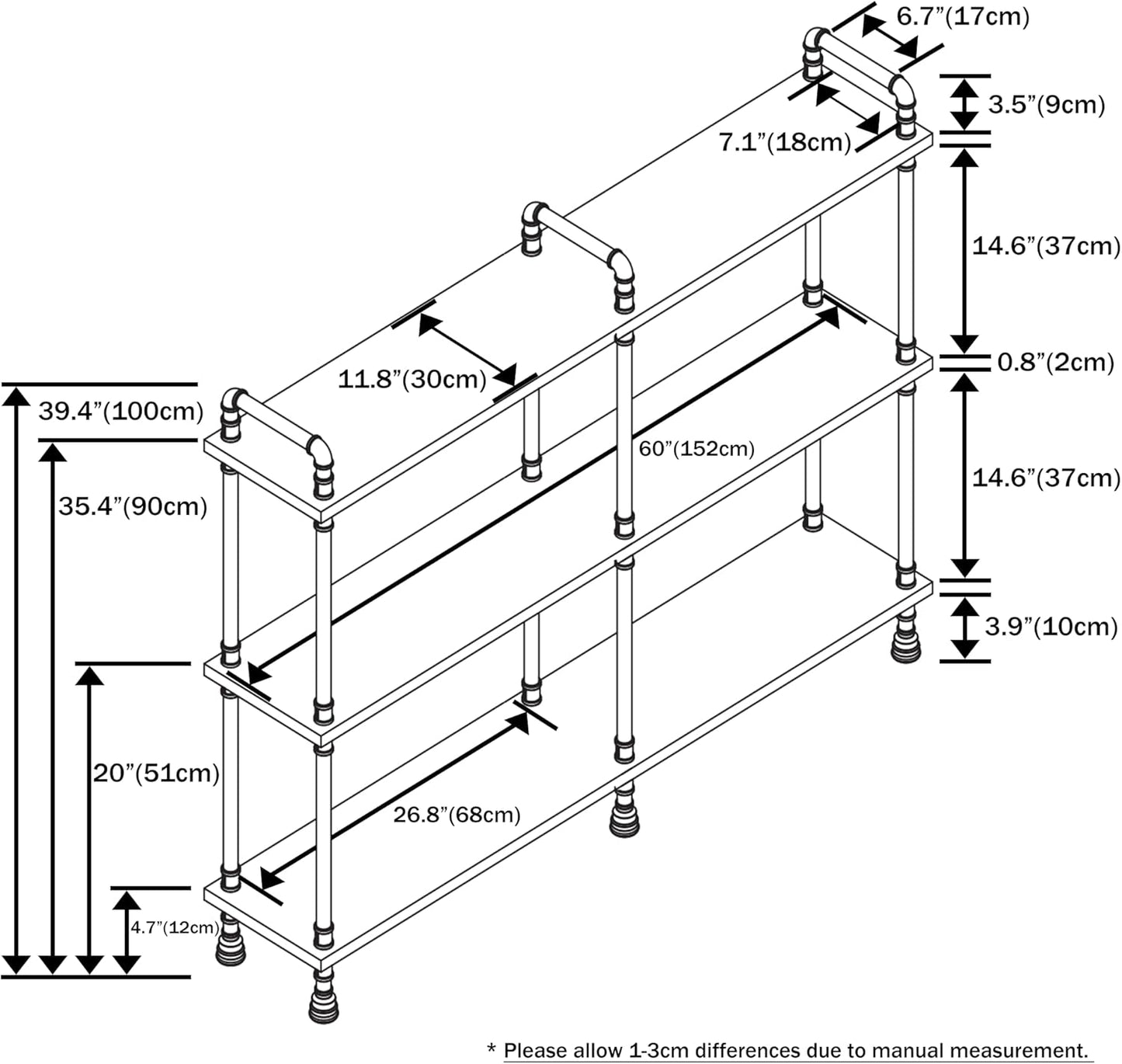 3 Tier Industrial Long Bookshelf, Entryway Industrial Metal Bookcase (Weathered Brown, 60" L x 11.8" W x 39" H)