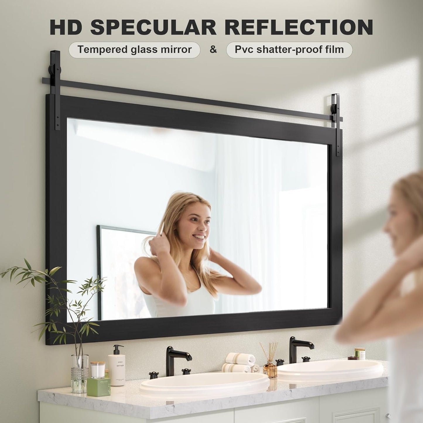 Hasipu Farmhouse Bathroom Mirror, 55"x36" Rustic Wood Framed Wall Mounted Mirror, Black Vintage Vanity Mirror Barn Door Style Decrative Mirrors