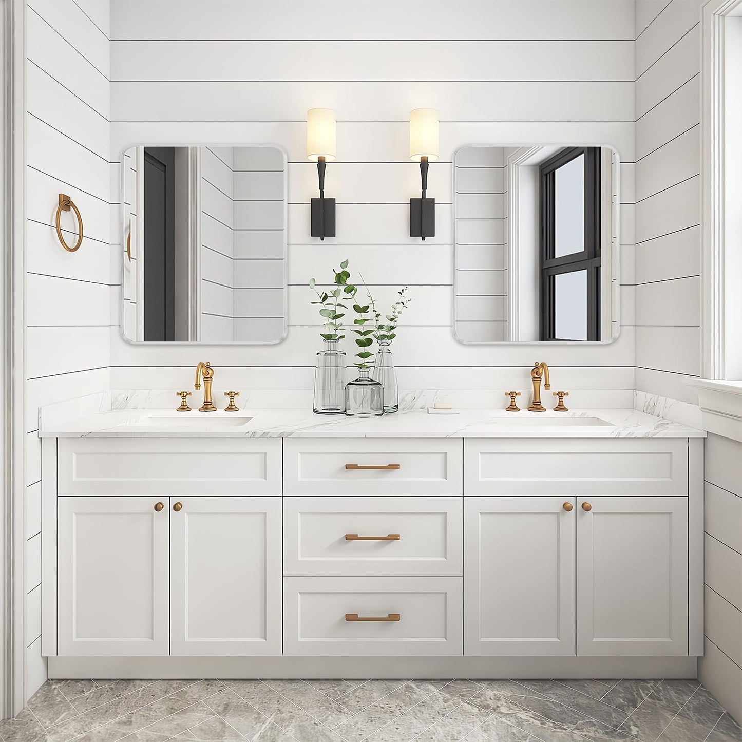 Silver Metal Framed Bathroom Mirror for Wall, Brushed Nickel Rounded Corner Rectangular Bathroom Vanity Mirror, Anti-Rust, Tempered Glass (30" x 36", Silver)