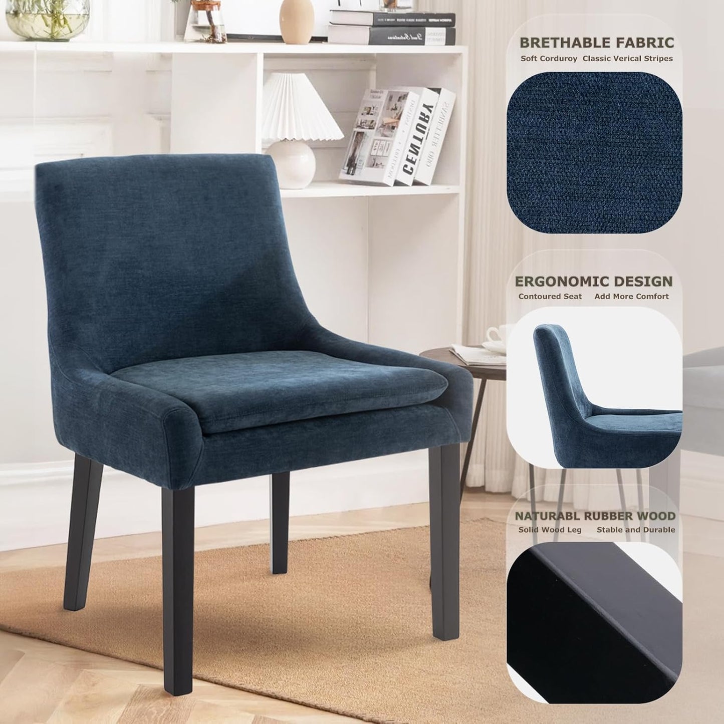 COLAMY Modern Dining Chairs Set of 6, Upholstered Corduroy Accent Side Leisure Chairs with Mid Back and Wood Legs for Living Room/Dining Room-Blue