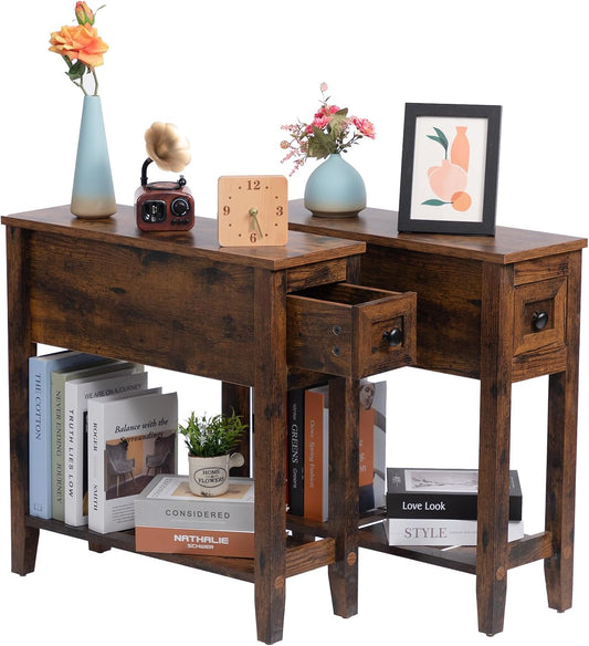 Brown 2 Pack Chairside Narrow End Table with Drawer, Solid Recliner Side Table with Storage Shelf, Slim Nightstand Bedside Table for Bedroom