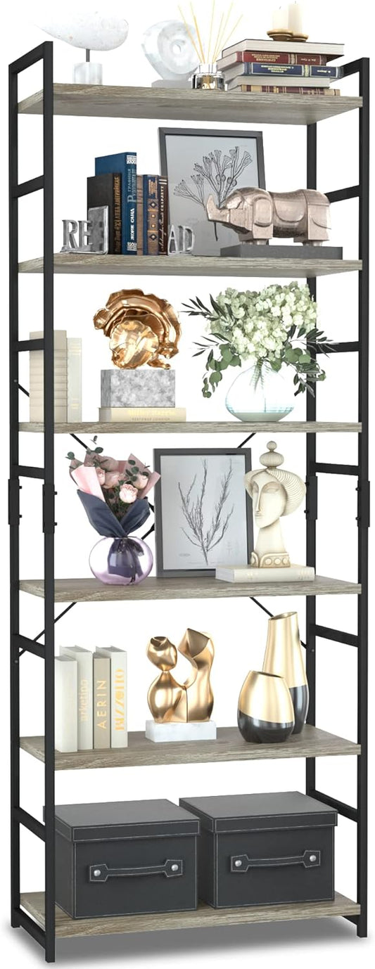 NUMENN 6 Tier Bookshelf, Tall Bookcase Shelf Storage Organizer, Modern Book Shelf for Bedroom, Living Room and Home Office, Grey