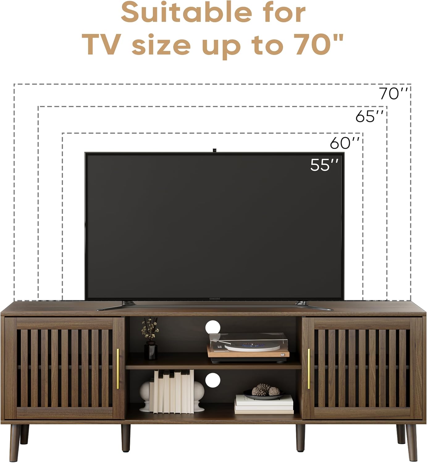 Smuxee Walnut TV Stand with Grille Striped Design, 62.99" Mid Century Modern TV Media Console for TVs up to 70", TV Cabinet with Adjustable Shelf & 2 Cabinets for Living Room