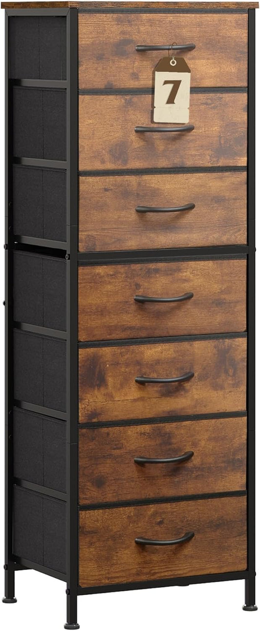 WLIVE Tall Dresser for Bedroom, 7 Drawer Dressers & Chests of Drawers, Fabric Dresser for Closet, Night Stand with Metal Frame, Storage Tower with Fabric Bins, Wood Top, Rustic Brown Wood Grain Print