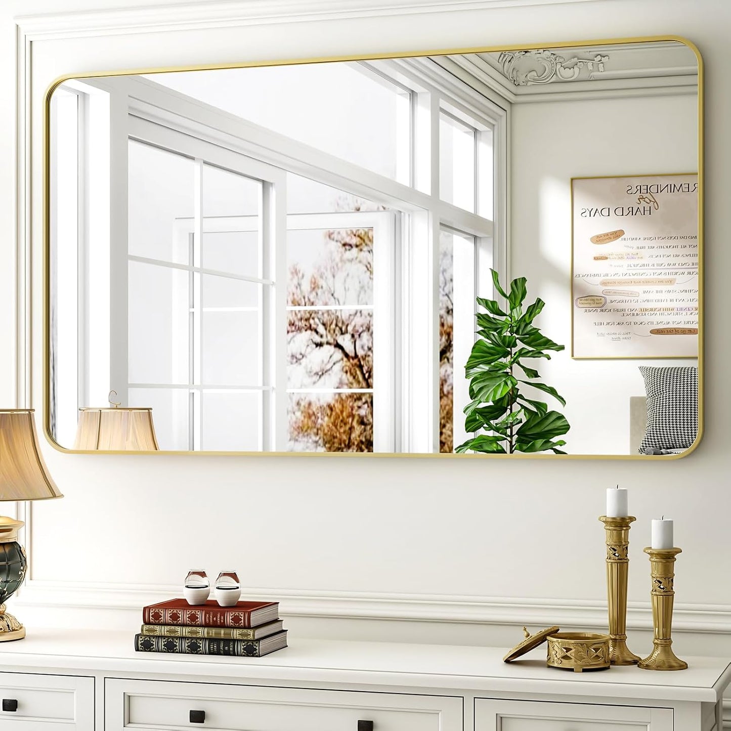 30 x 48 Inch Bathroom Mirror, Rounded Rectangular Vanity Mirror for Wall, Modern Mirror for Room Decor, Gold Framed Wall-Mounted Mirrors for Home Decor, Hangs Horizontally or Vertically