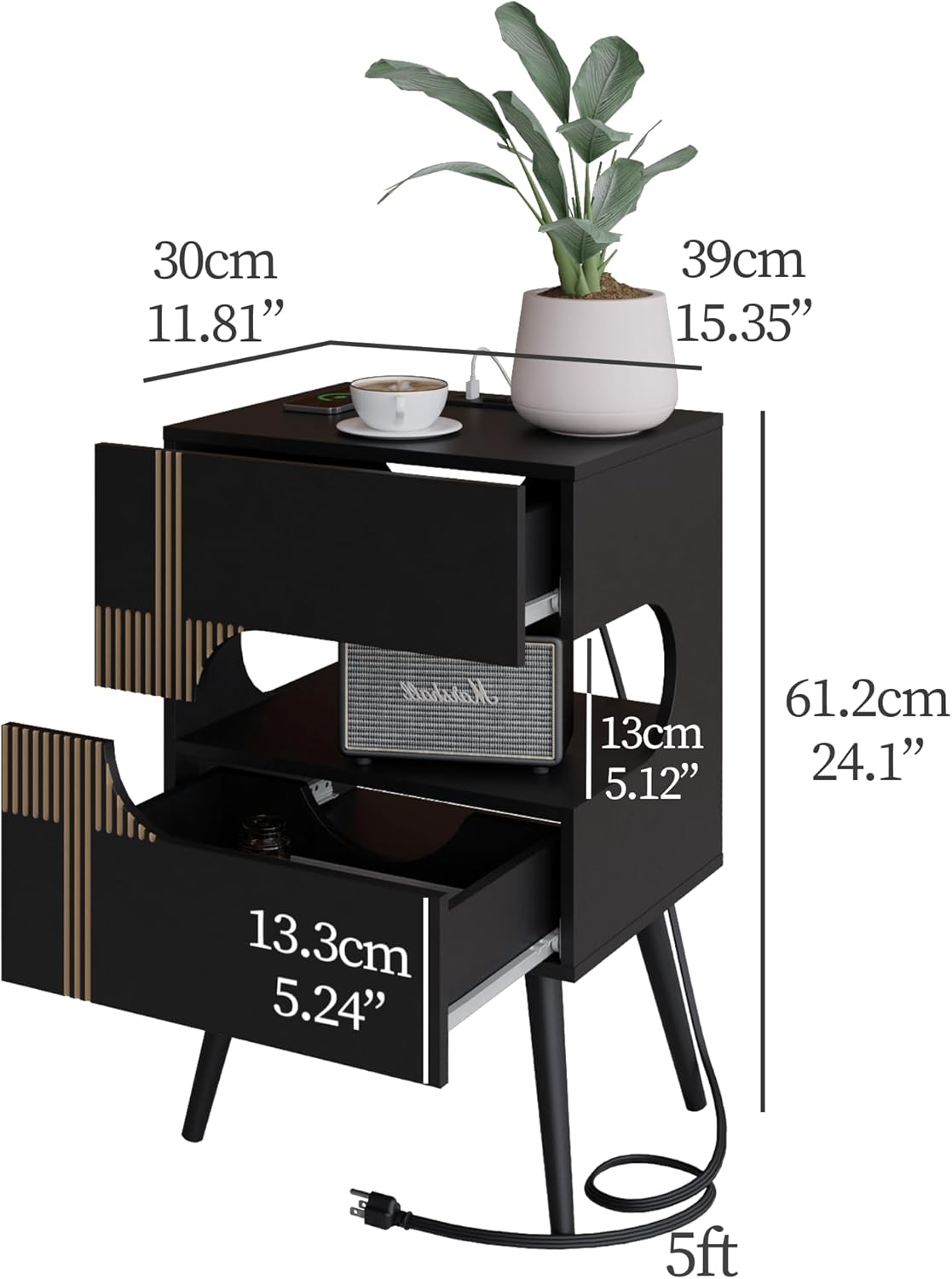 Black Nightstand with Charging Station and LED Lights,Modern Bedside Table with 2 Storage Drawer,Night Stand with Solid Wood Legs,White (Black-2)