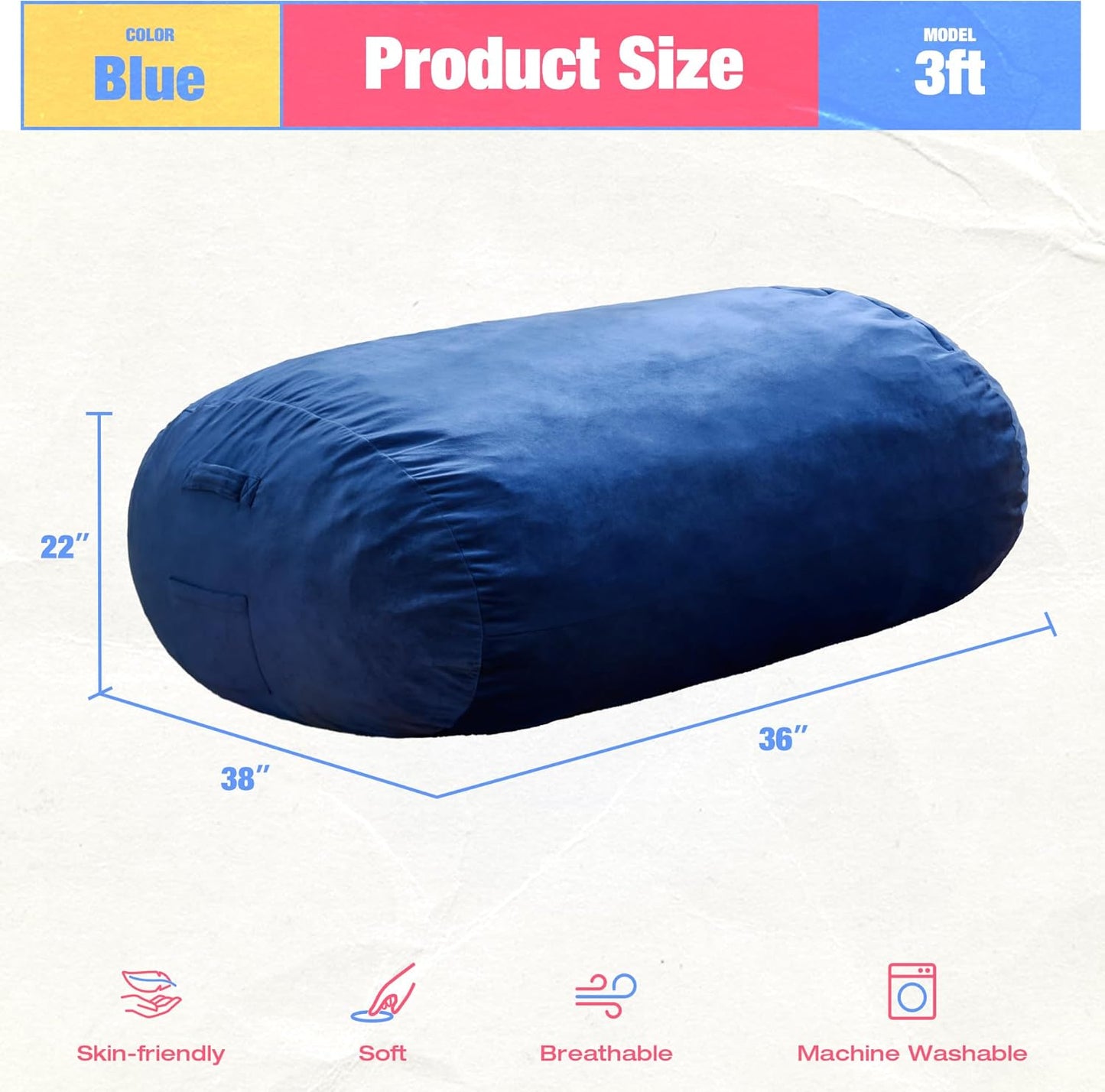 Hobestluk 3FT Bean Bag Chair Large Beanbag with Removable Cover Adult Bean Bag Chair with Portable Handle Desgin for Living Room Bedroom (Blue, 3FT)