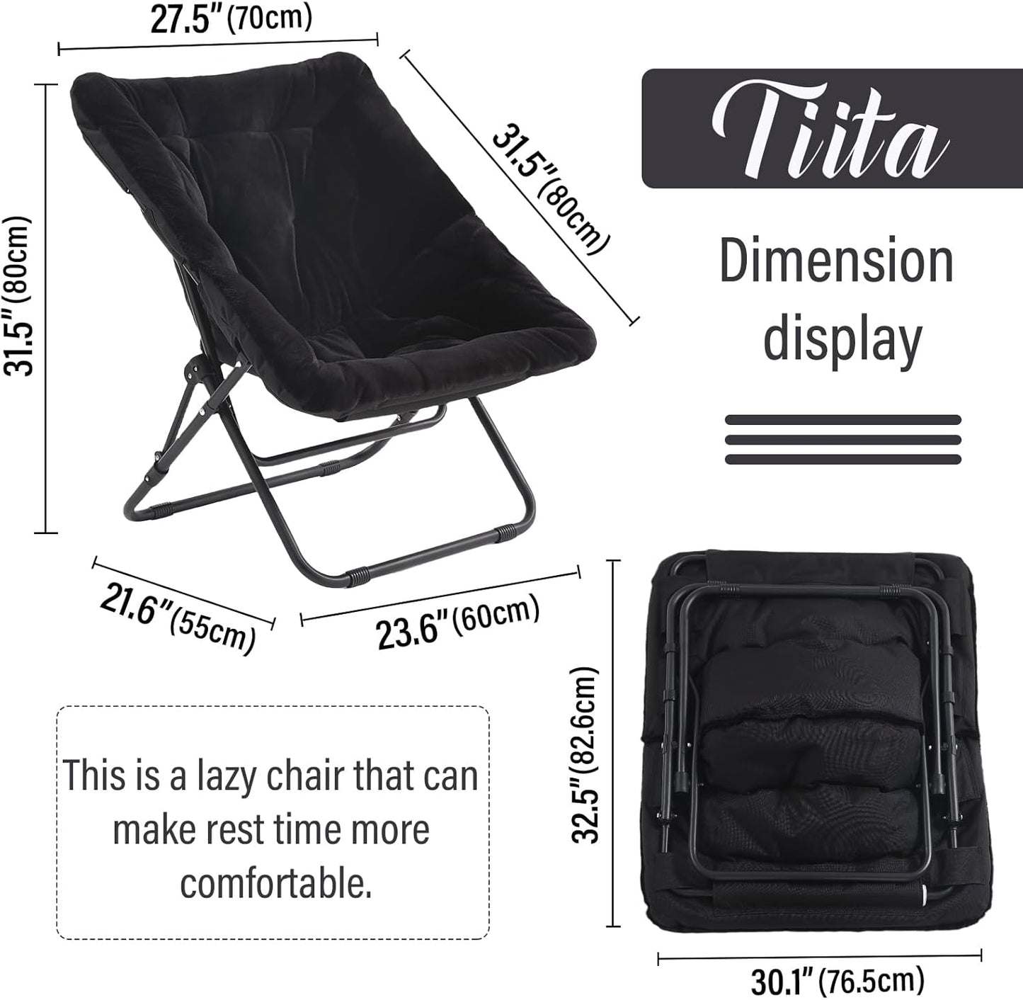 Tiita Comfy Folded Chair, Soft Faux Fur Oversized Folding Accent Chair, Lounge Lazy Chair for Kids Teens Adults, Metal Frame Moon Chair for Bedroom, Living Room, Dorm Rooms