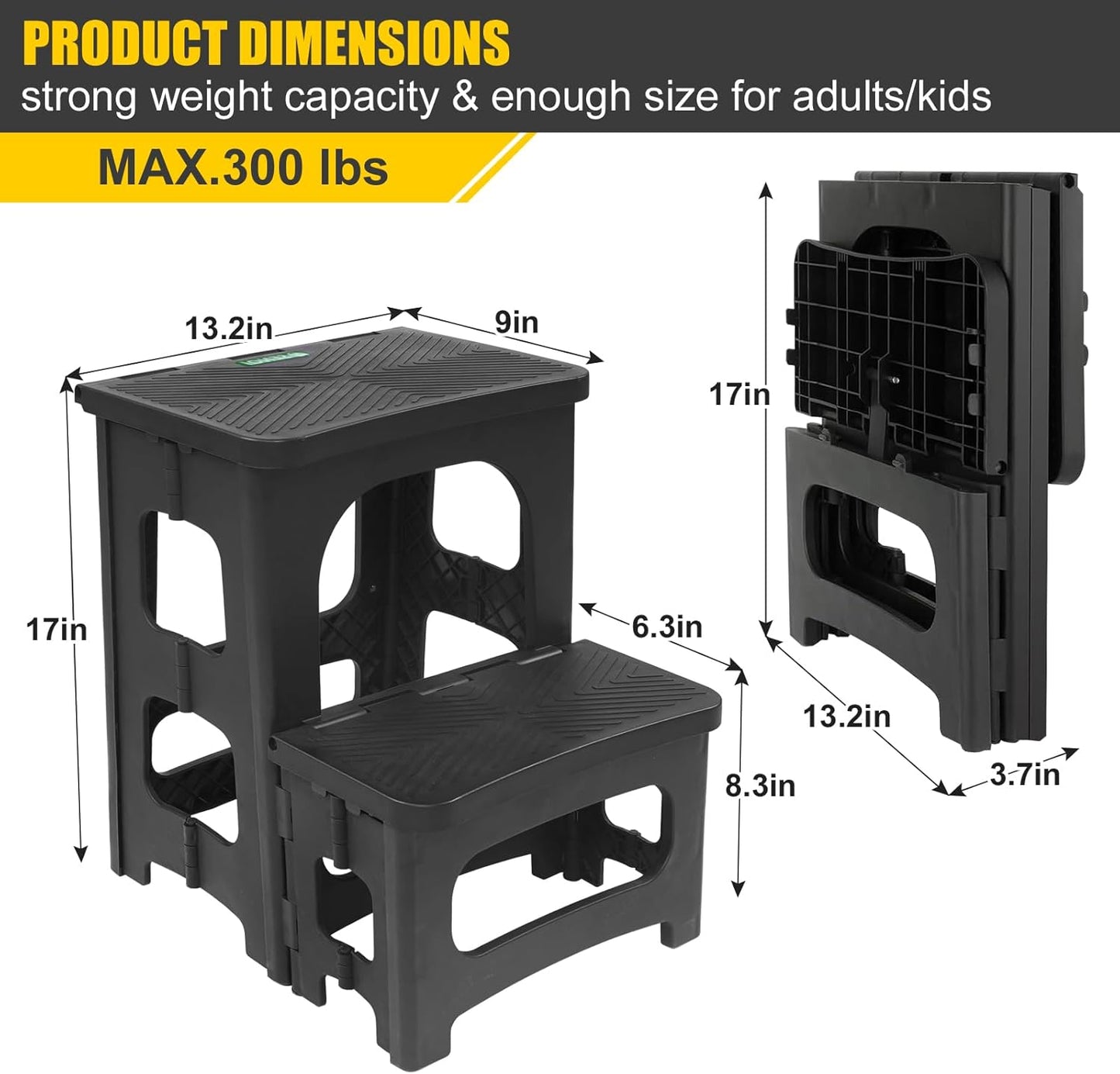 Folding 2-Step Stool for Adults Kids Non-Slip Collapsible Portable Step Stool for Kitchen Home Toilet Bedroom Office Bathroom Rv,Holds 300 Lbs(Black)