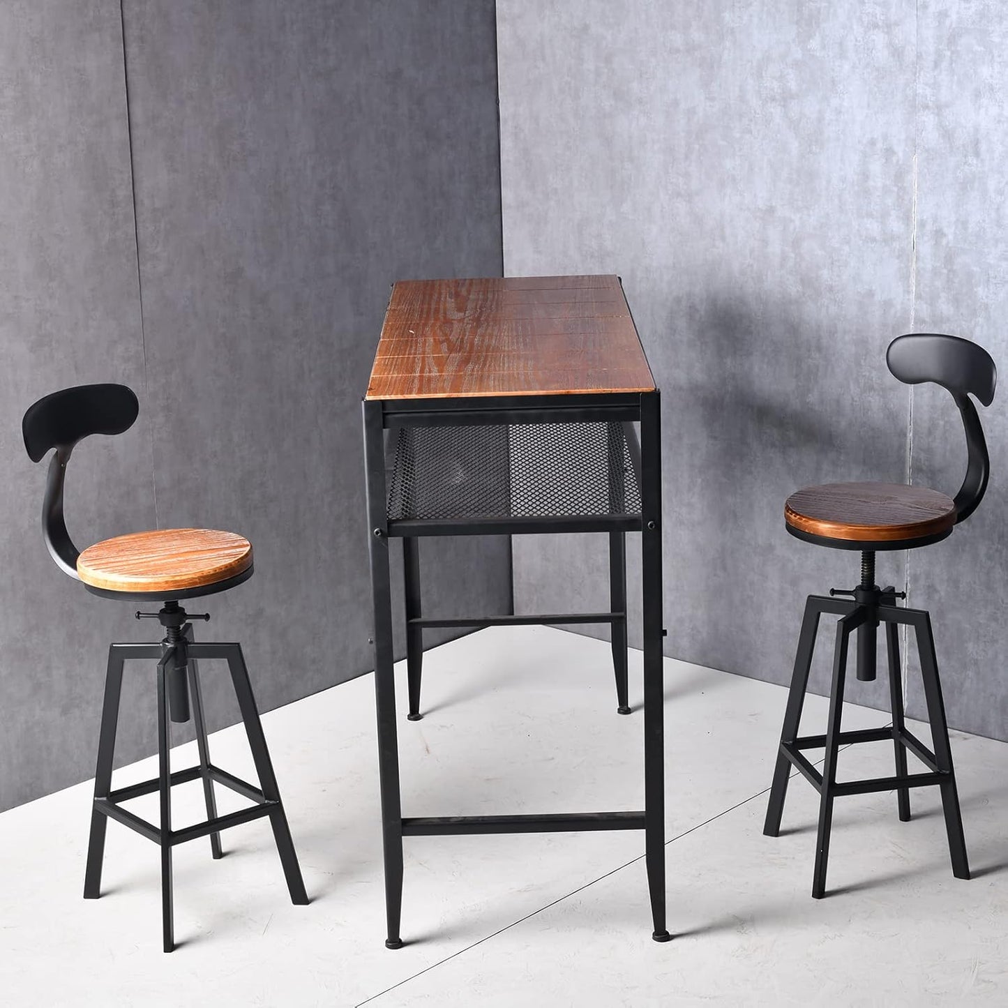 Set of 2 Industrial Bar Stools with Backrest Swivel Wooden Seat Height Adjustable 25-32inchKitchen Island Stool Breakfast Dining Chair