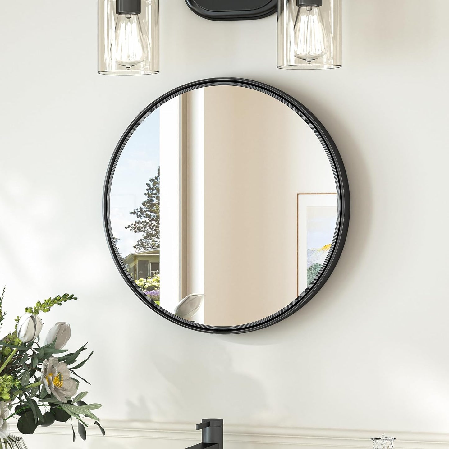 TokeShimi 16 in Round Black Bathroom Mirror Framed, Modern Circle Wall Mirror Farmhouse Aluminum, 16 x 16 Shatterproof Round Bathroom Vanity Mirrored for Restroom, Bedroom, Entryway, Living Room