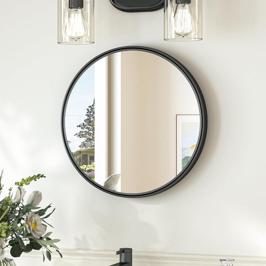TokeShimi 16 in Round Black Bathroom Mirror Framed, Modern Circle Wall Mirror Farmhouse Aluminum, 16 x 16 Shatterproof Round Bathroom Vanity Mirrored for Restroom, Bedroom, Entryway, Living Room