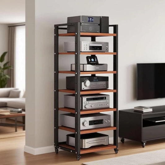 7 Tier Audio Rack Tower, CD Record Player Stereo Receiver AV Equipment Cabinet Display Rack, Weight capacity 661 lbs, with Adjustable Wooden Shelves for Home (TEAKWOOD, 7 TIER 55×19.7×15.7IN)