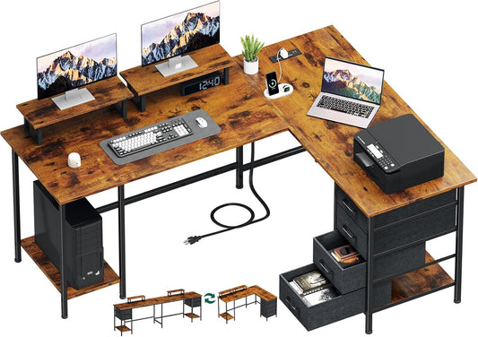 59 inch L Shaped Computer Desk with Power Outlets, Home Office Desk with 4 Adjustable Storage Drawers & 2 Monitor Stands, Two Person Gaming Table for Bedroom, Rustic Brown