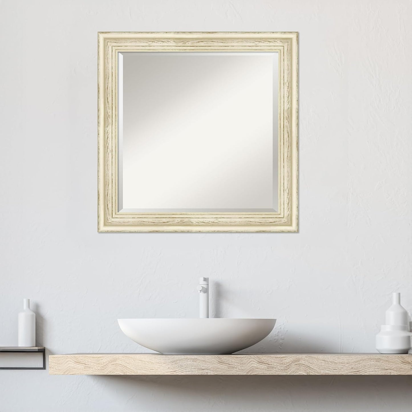 Amanti Art White Bathroom Mirror for Over Sink, 25x25 Country White Wash Square Vanity Mirror, Medium Country Rustic Wood Frame, Hangs Horizonally and Vertically, Bathroom Wall Decor, Beveled Edge
