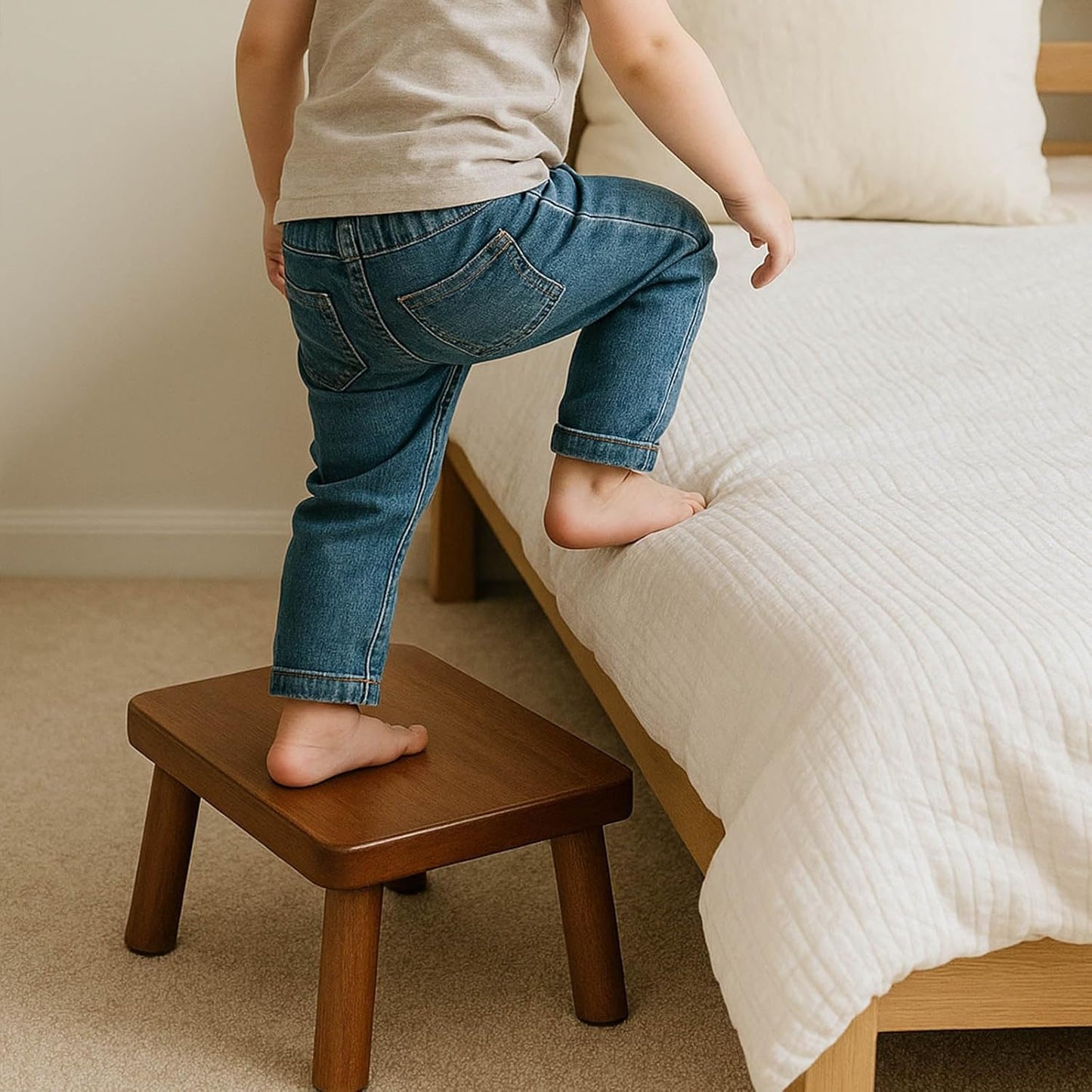 Wooden Step Stool, Foot Stool with Non-Slip Mat, One Step Stool, Small Stool for High Beds, Office, Bedroom, Bathroom (Brown, Small)