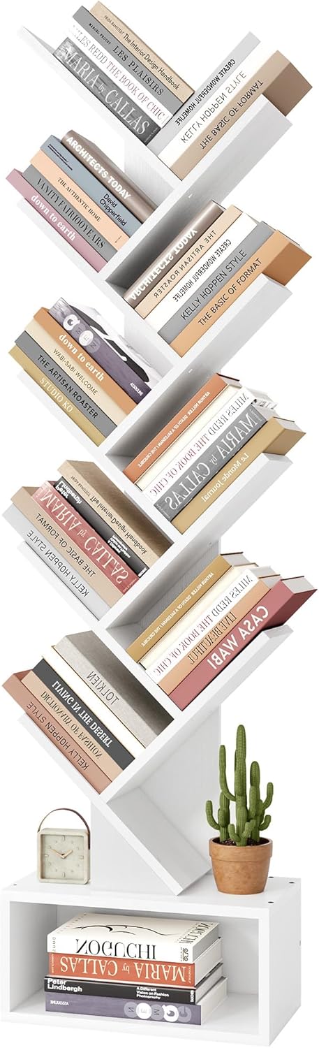 Hoctieon 9 Tier Tree Bookshelf, Tall Bookcase with Drawer, Wood Book Shelf, Modern Floor Standing Bookshelves, Book Organizer Shelves for Bedroom, Living Room, Home Office, White