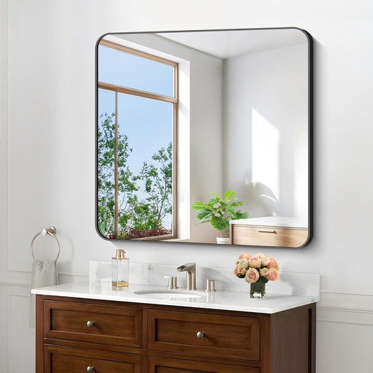 Black Bathroom Mirrors for Wall, 30"x30" Square Mirror, Rounded Corner Metal Frame Wall Mirror, Bathroom Vanity Mirror for Bedroom Living Room Entryway Horizontal Or Vertical Mounting