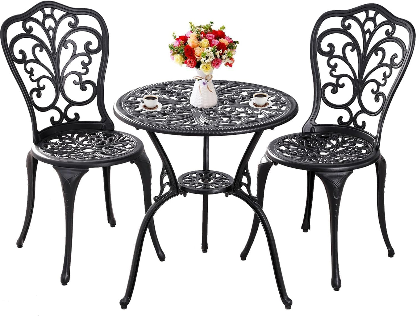 Outdoor Bistro Set 3 Piece Patio Bistro Set, Cast Aluminum Bistro Table and Chairs Set of 2, Small Patio Table Set for Porch, Black