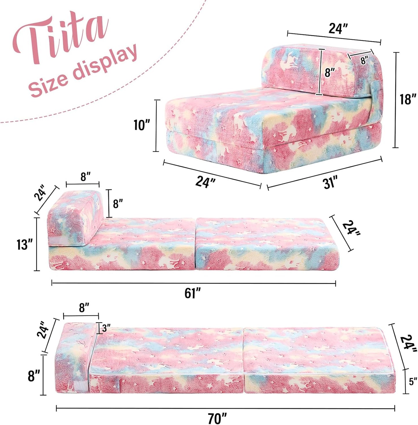 Tiita Folding Sofa Bed for Kids, Toddler Fold Out Couch Bed with Removable Cover, Kids Futon Sleeper Chair Folding Bed Mattress for Kids Room, Living Room, Guest Room,Colorful