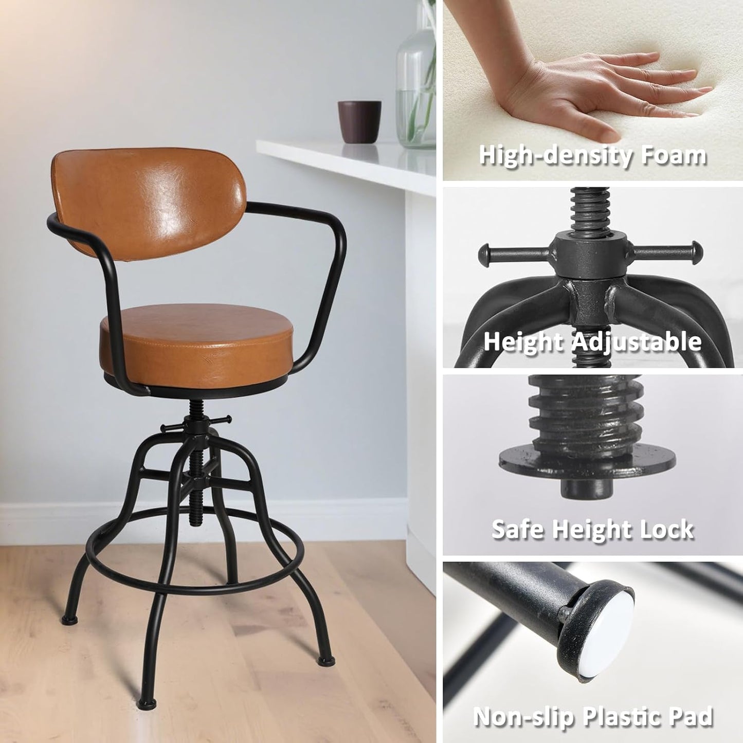 Diwhy Industrial Design Adjustable Height 21.65" - 26" Brown Leather Upholstered Backrest Seat Arm Chair Vintage Counter Stool