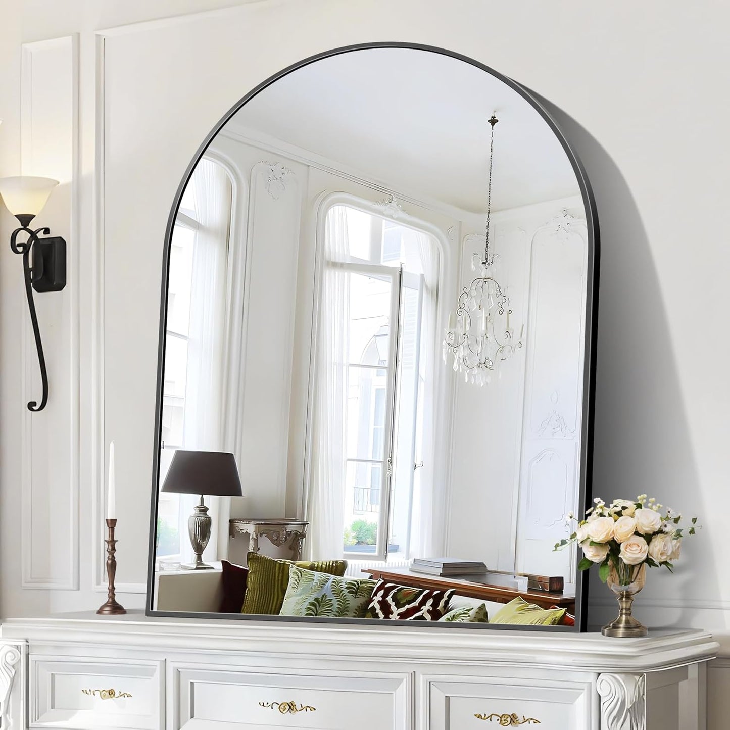 Arched Bathroom Mirror, 36x48IN Black Bathroom Mirror with Metal Frame, Wide Wall Mounted Mirrors Decor Modern Dresser Mirror for Bedroom Living Room Entryway