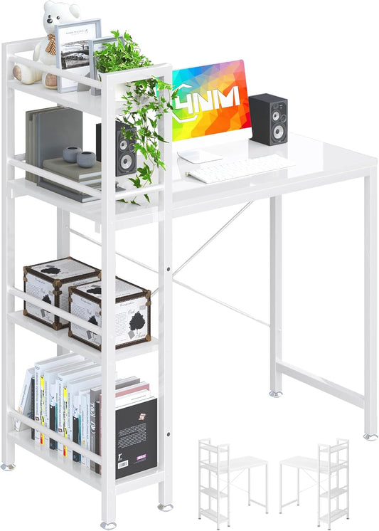 4NM 35" Small Computer Desk with 4-Tier Bookshelf, Home Office Desk Writing Workstation Study Table Multipurpose for Small Space Work - All White