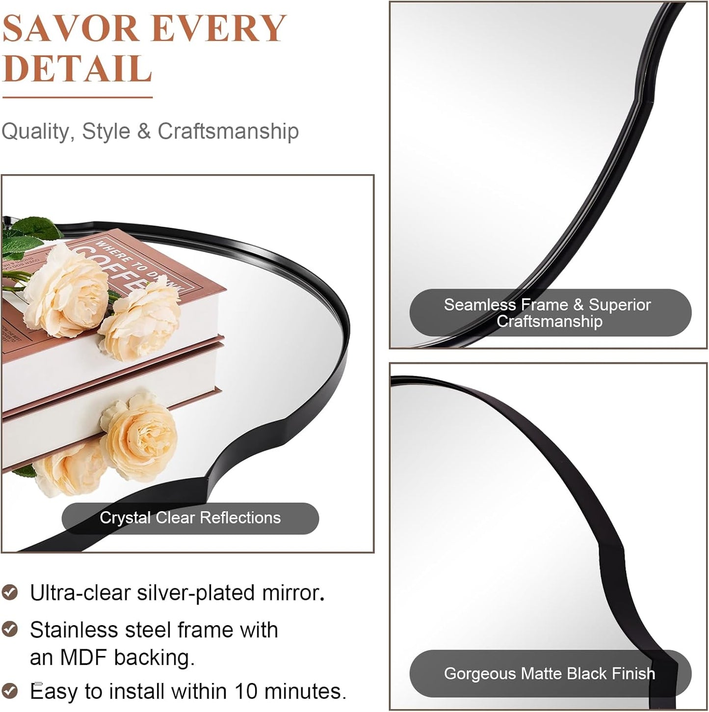 ANDY STAR Scalloped Oval Mirror for Bathroom, 24x36 Inch Matte Black Wall Vanity Mirror for Living Room,Fireplace, Rustproof Stainless Steel Metal Frame, Hang Vertical or Horizontal