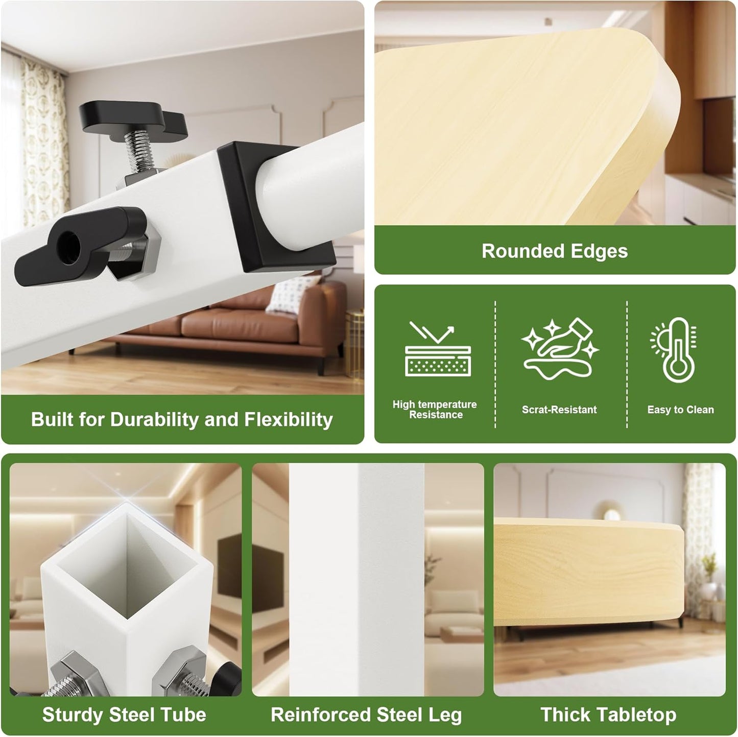 C Shaped End Table for Couch, Adjustable Height Couch Side Table, Horizontal 360°Swivel Small TV Tray Table Couch Side Tables That Slide Under (Wood)