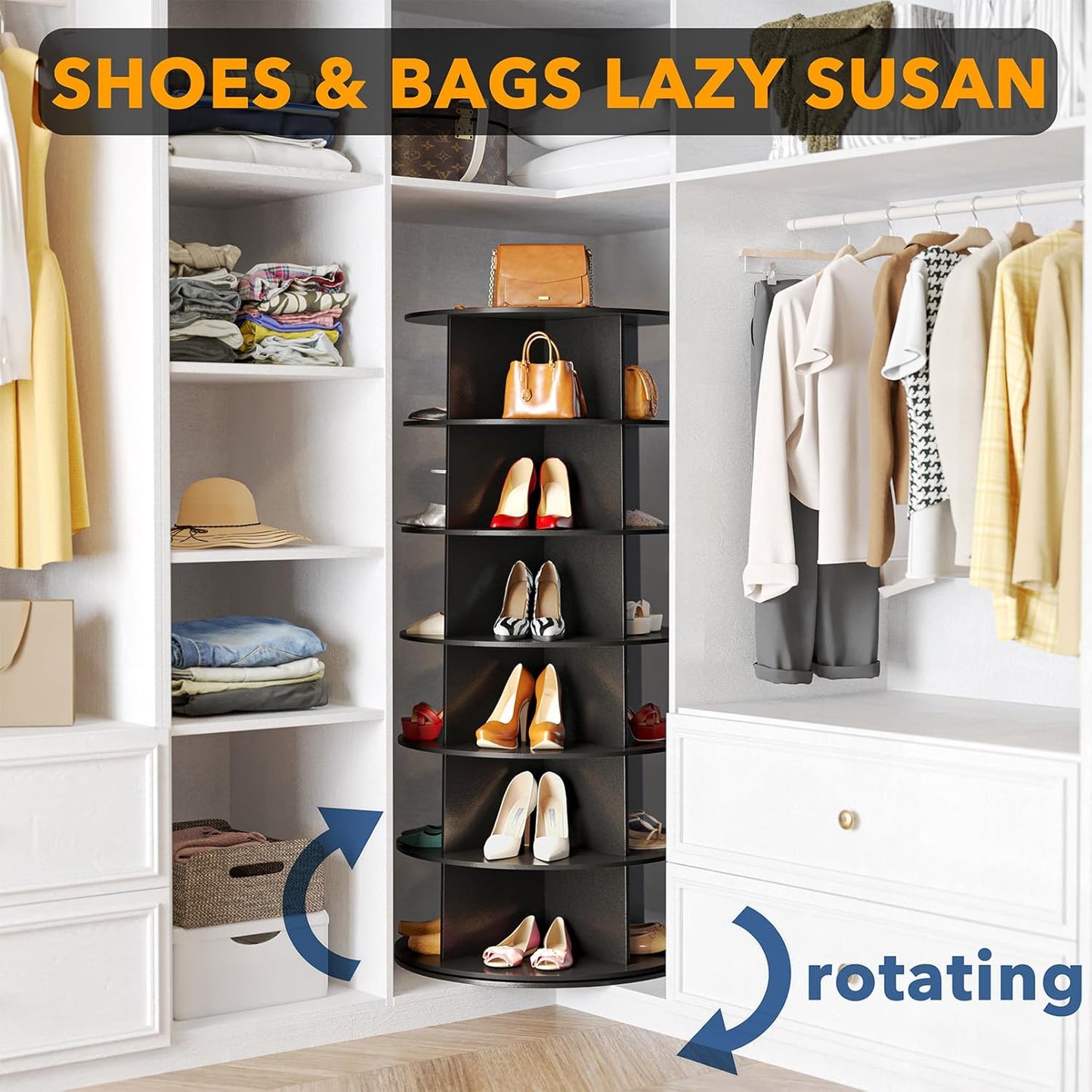 SpaceAid 6 Tier Rotating Shoe Rack Tower, Spinning Shoe Display Lazy Susan, Revolving 360 Shoe Rack Storage Round Carousel, Vertical Handbag Rotate Shoes Closet Organization (6-Tier Black)