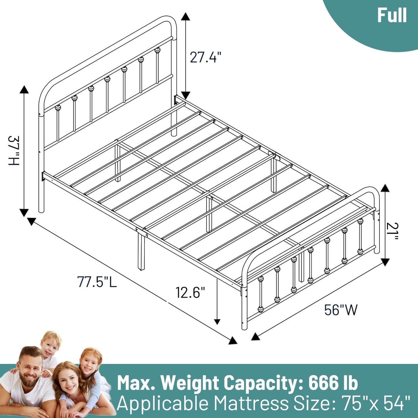 Full Size Bed Frame-Classic Metal Platform Bed Frame Mattress Foundation with Victorian Style Iron-Art Headboard/Footboard/Under Bed Storage/No Box Spring Needed/Black