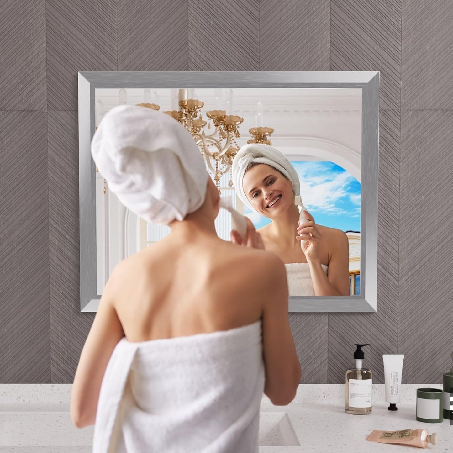 Amorho 40x32 Inch Bathroom Mirror Silver, Thick Metal Framed Wall Mirrors for Over Sink, Brushed Nickel Mirror Perfect for Bedroom, Living Room, Entryway, Rectangle (Horizontal/Vertical).