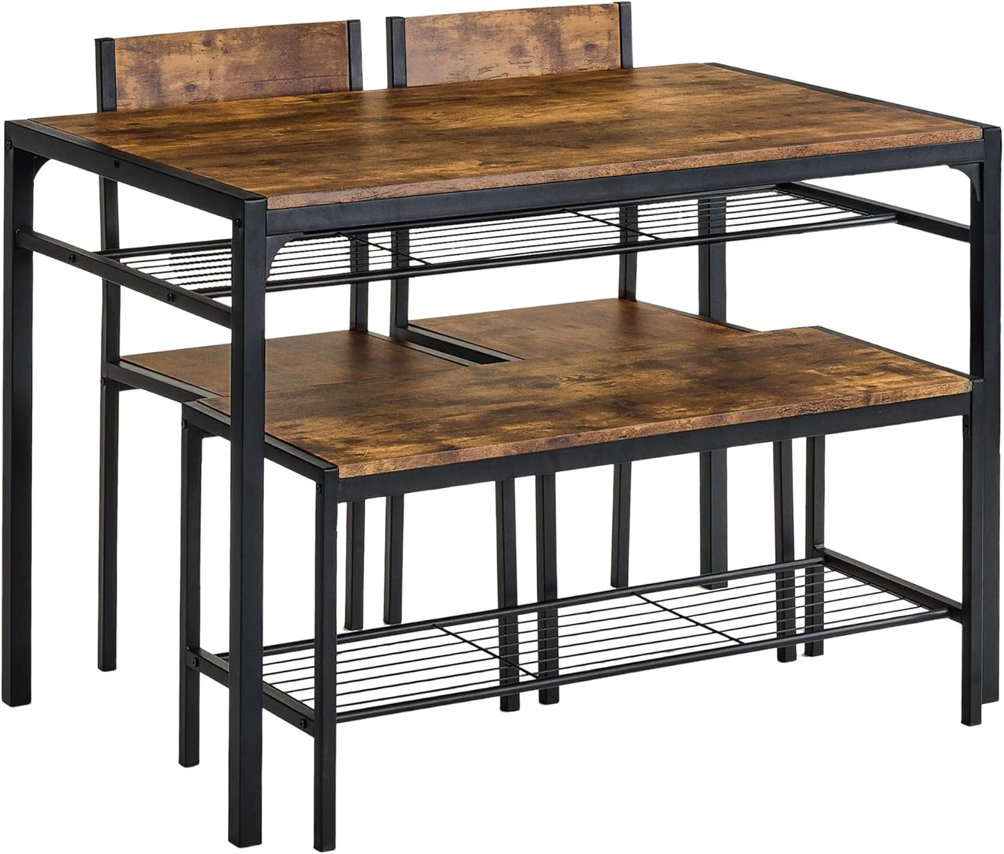 VECELO Kitchen Dining Room Table with 2 Chairs & Bench, Compact Space-Saving Design, Easy Assembly Steel Frame, Perfect for Small Apartments & Breakfast Nooks，Industrial