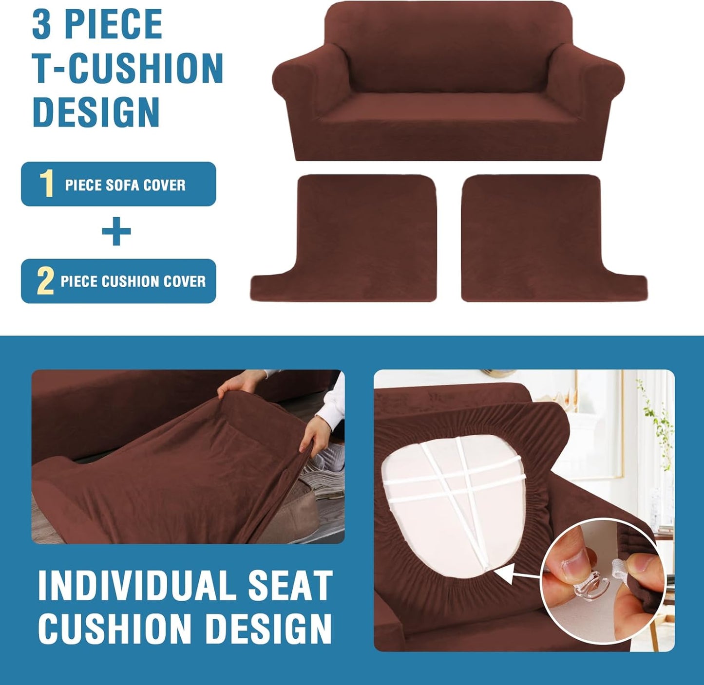 H.VERSAILTEX Sofa Cover 3 Piece T Cushion Loveseat Slipcovers Thick Velvet Couch Cover Stretch T Cushion Sofa Covers for 2 Cushion Couch with 2 Individual T Cushion Covers, Burnt Brick