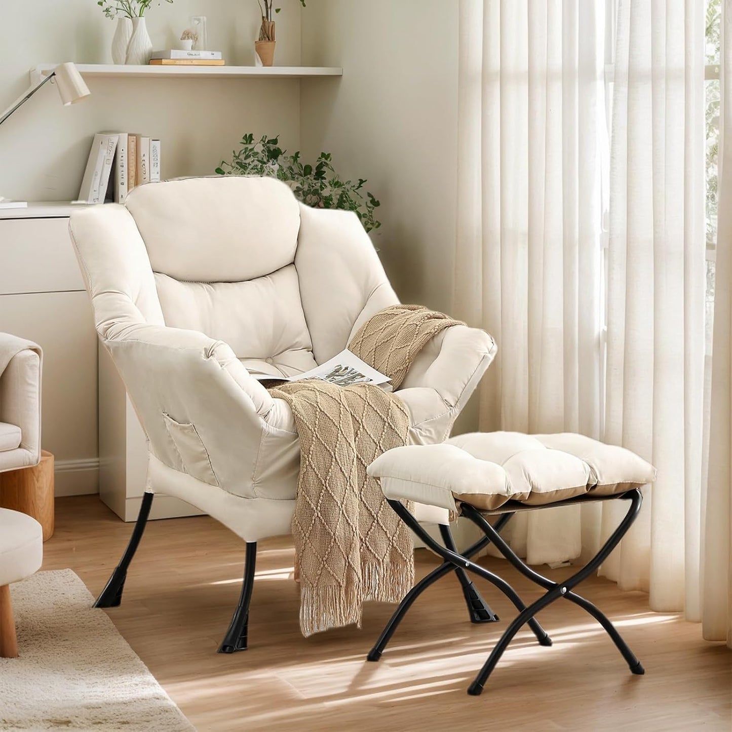 Lazy Chair with Ottoman, Large Modern Lounge Accent Chair with Armrests and Footrest, Reading Armchair with Ottoman, Leisure Sofa Chair for Living Room, Bedroom, Dorm Room, Office（Beige）