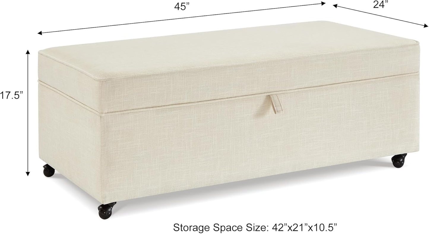 45" Modern Sofa Ottoman with Storage,Linen Upholstered Storage Bench with Rotation Casters and Safety Hinge, for Living Room,Ivory