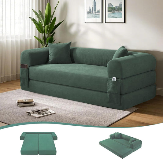80" Convertible Sofa Bed, 3-in-1 Corduroy Folding Pull Out Couch with Pillows, No Assembly Modern Boneless Couch Compression Sofa in Box, Floor Sofa with Side Storage for Living Room,Light Green