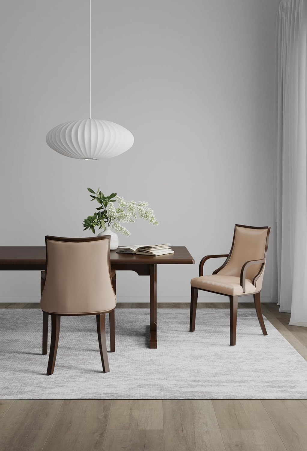 Manhattan Comfort Grand Faux Leather Dining Chair with Arms, Padded Wingback Seat, Fine Rectangular Stitching and Solid Wood Frame, Set of 1, Tan